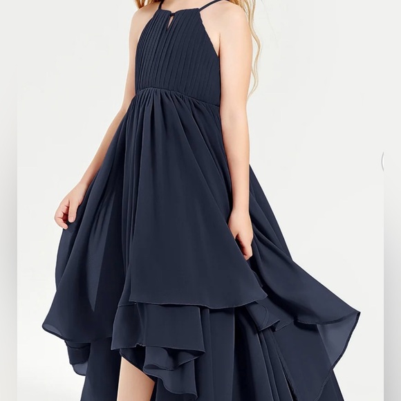 NWT Asymmetrical Chiffon Jr Bridesmaid Navy Dress Halter Spaghetti Straps Size 8 - Picture 15 of 16